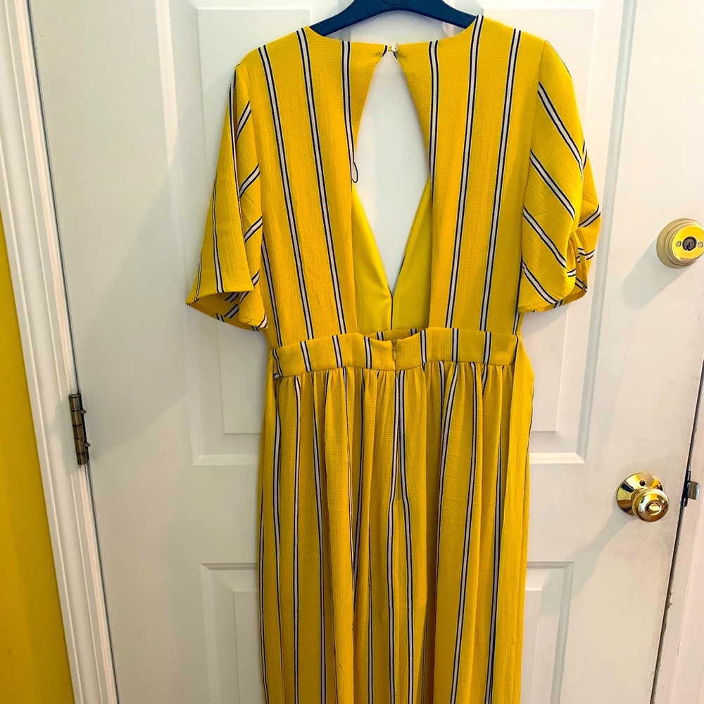 Sexy Romper: Yellow w/blue stripes  - plunging neckline with open back - Medium